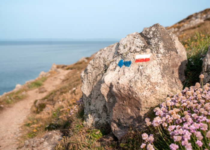 Le sigle du GR34 sur un rocher randonnée accompagnée et personnalisée en Finistère avec Terre d'écume.