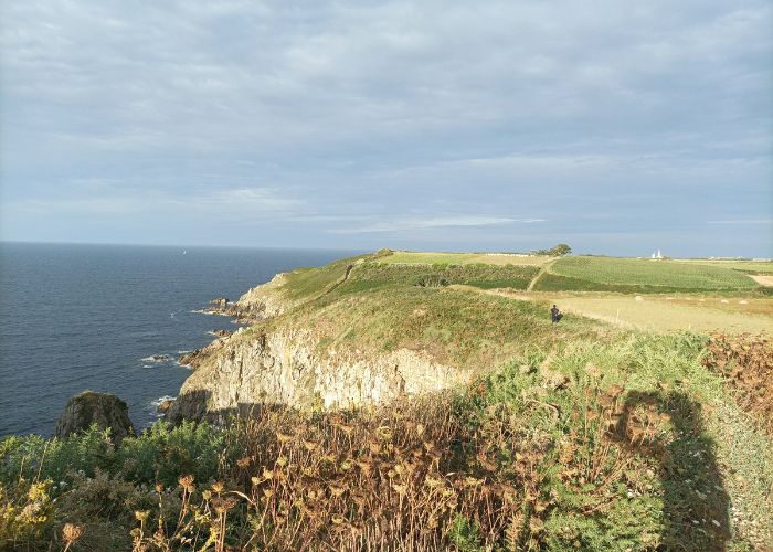 Falaises verdoyantes du sentier côtier GR34 qui surplombent la mer d'Iroise en Finistère (proche de Brest). Photo prise au matin. On aperçoit mR. G un client Terre d'écume en plein coaching sportif personnalisé.